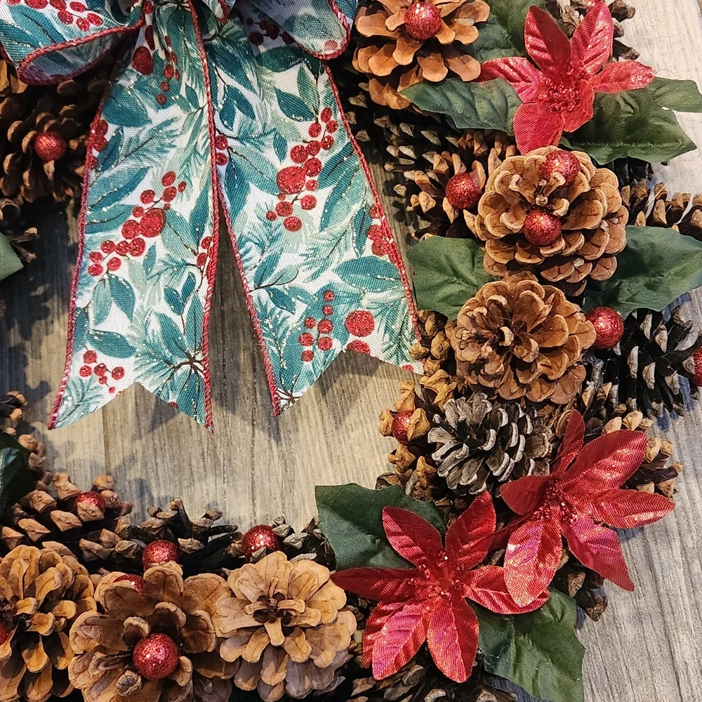 Red Poinsettia & Winter Greens Pinecone Wreath